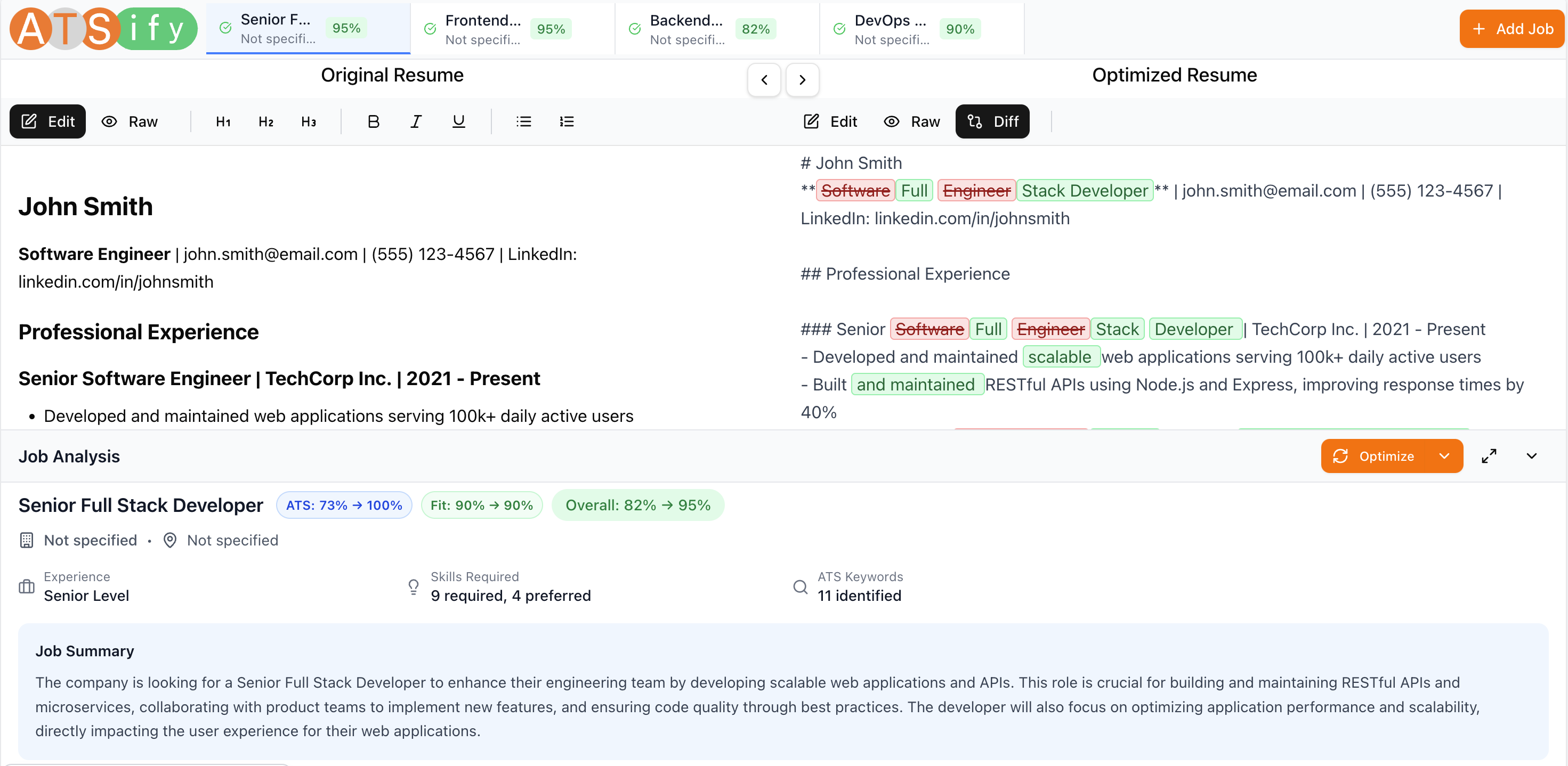 ATSify interface showing resume optimization in action
